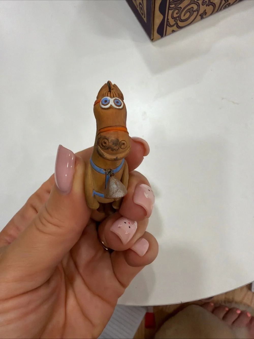 Handcrafted Brown Horse Ornament Toy with Blue Harness